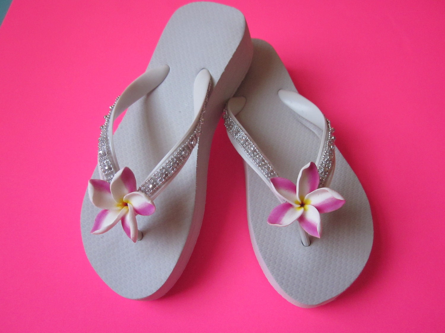 Wedding Shoes/Flip Flops/Wedges for the Bride. HANDMADE PLUMERIA FLOWER with Rhinestone Trim.Beach Weddings,White Flip Flops.