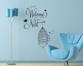Vinyl Wall Decal Sticker Art - Welcome to our Nest - cute birds and birdcage design
