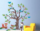 Vinyl Wall Decal Sticker Art - Oak Tree and Woodland Animals - Extra Large Nursery Mural