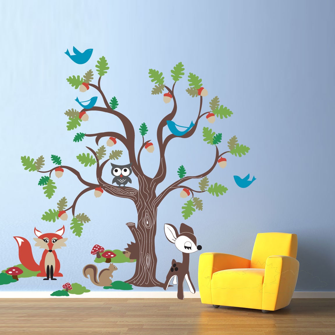 Vinyl Wall Decal Sticker Art - Oak Tree and Woodland Animals - Extra Large Nursery Mural