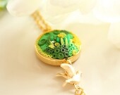 Polymer clay necklace in golden cup with dove branch - Lemon grass scent