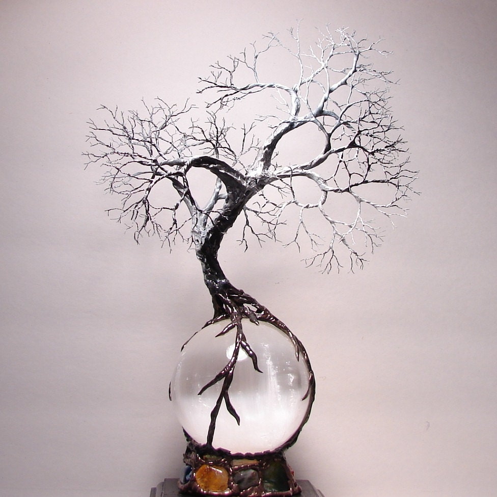 Full Moon rising Wire Tree Of Life Ancient Spirit sculpture on natural silky White Selenite Sphere with Gemstones Lamp, original art