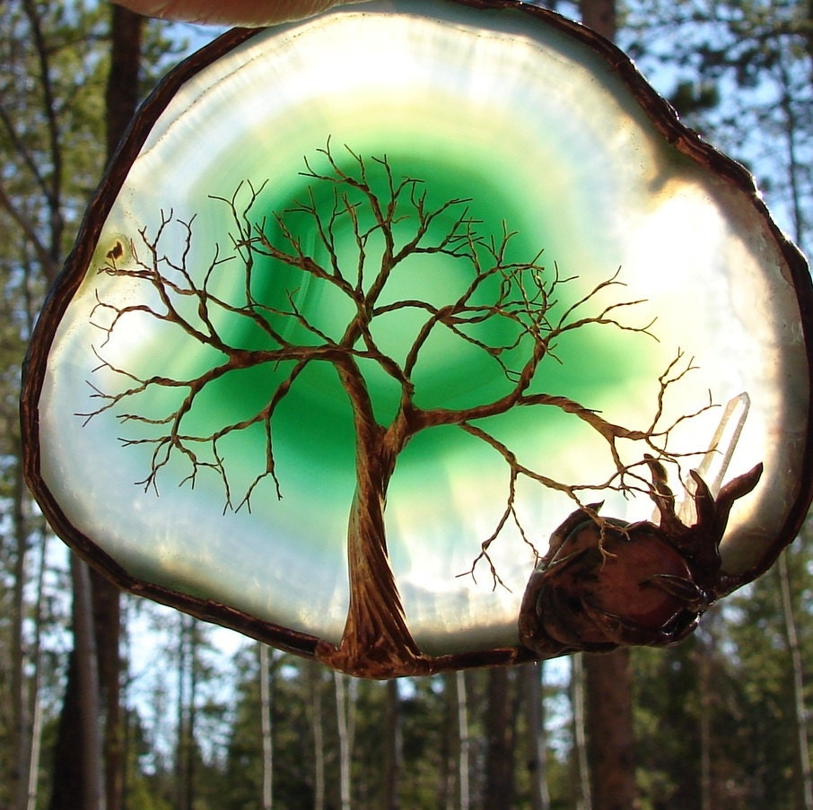 Wire Tree Of Life Spirit sculpture Green Brazil Geode Agate Quartz Crystal, Rhodonite, original Art  1A
