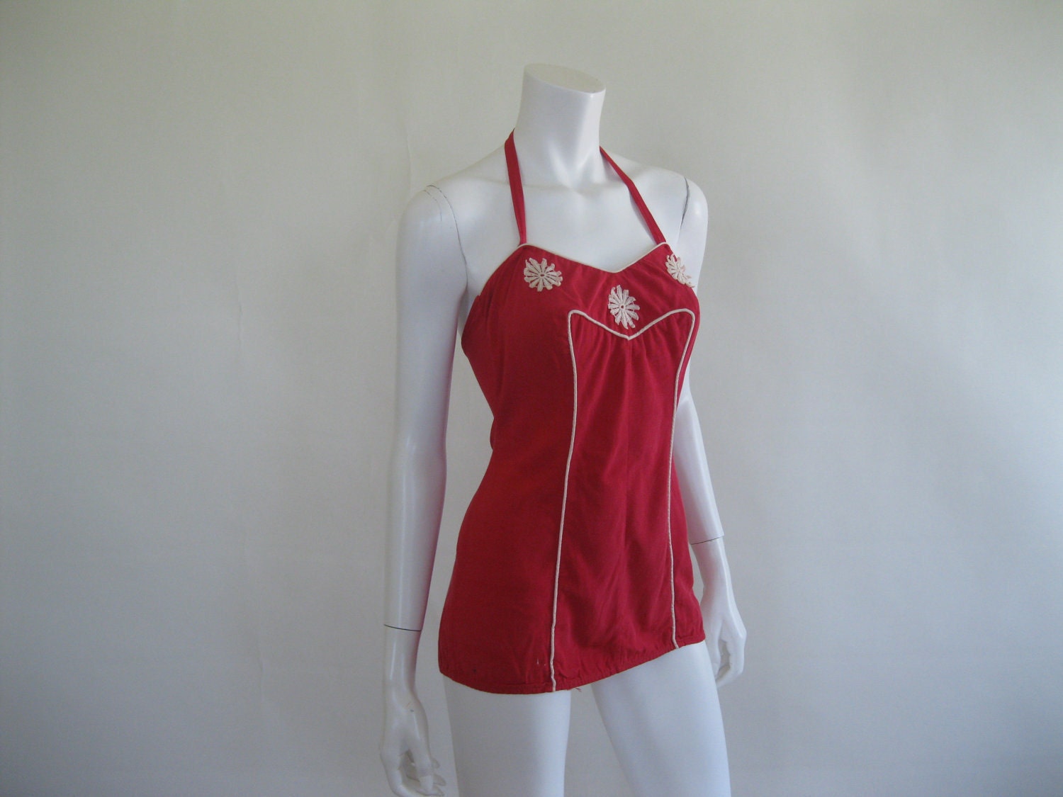 Vintage 1950s Swimwear / Kerrybrooke Bathing Suit / Red Halter / Shelf Bust / Pin Up /XS