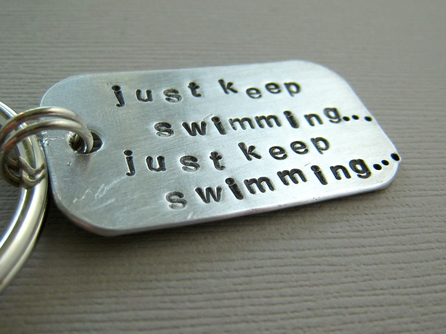 Hand Stamped Keychain Just Keep Swimming... Inspired by TheCopperFox
