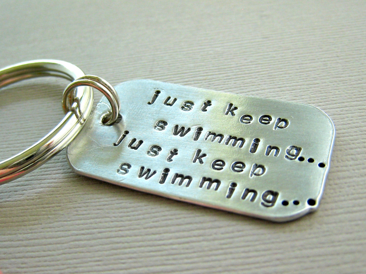 Hand Stamped Keychain Just Keep Swimming... Inspired by TheCopperFox
