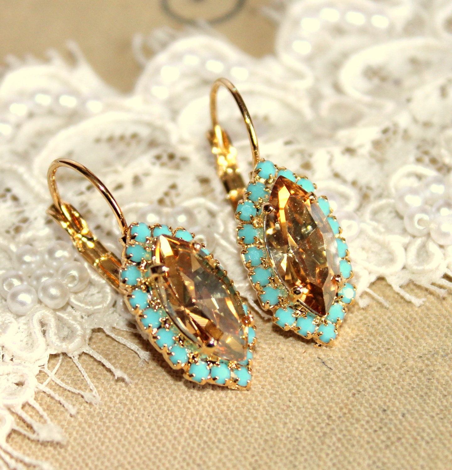 Crystal champagne turquoise earring - 14k plated gold earrings real swarovski rhinestones .