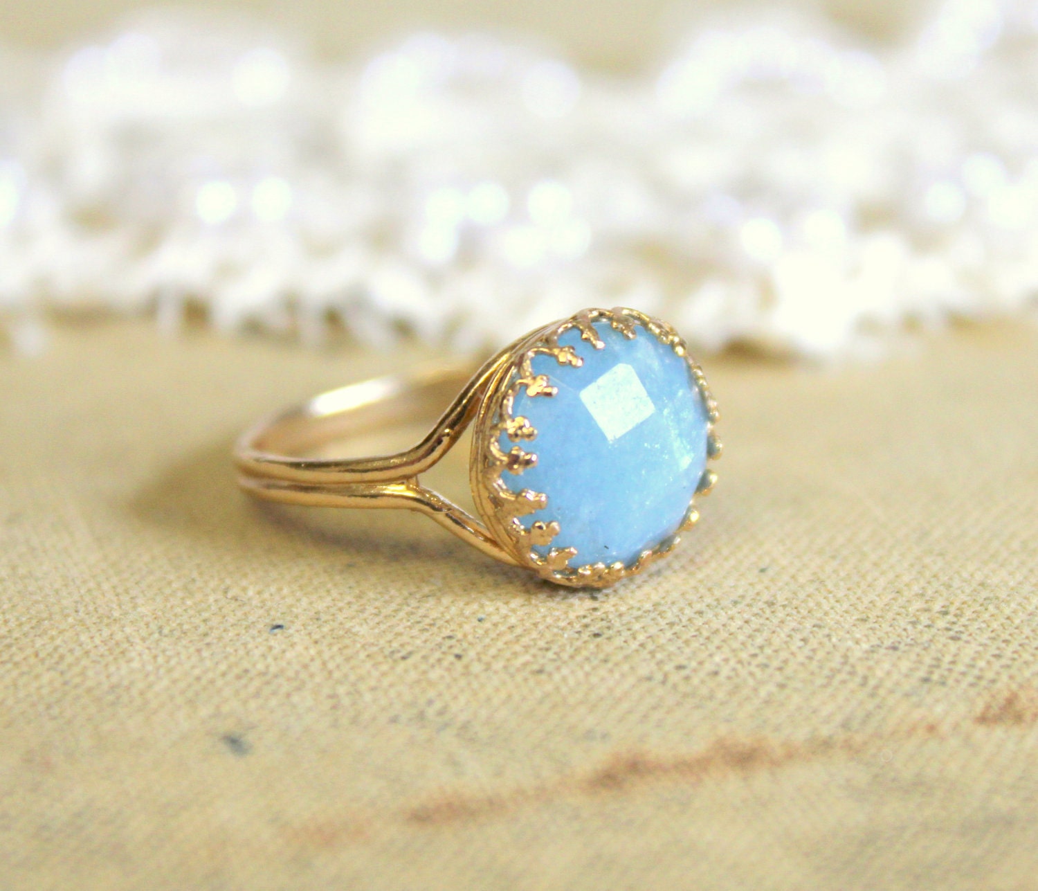 Aquamarine crowen- stunning elegant 14K GF ring with real Aqua marine gem stone