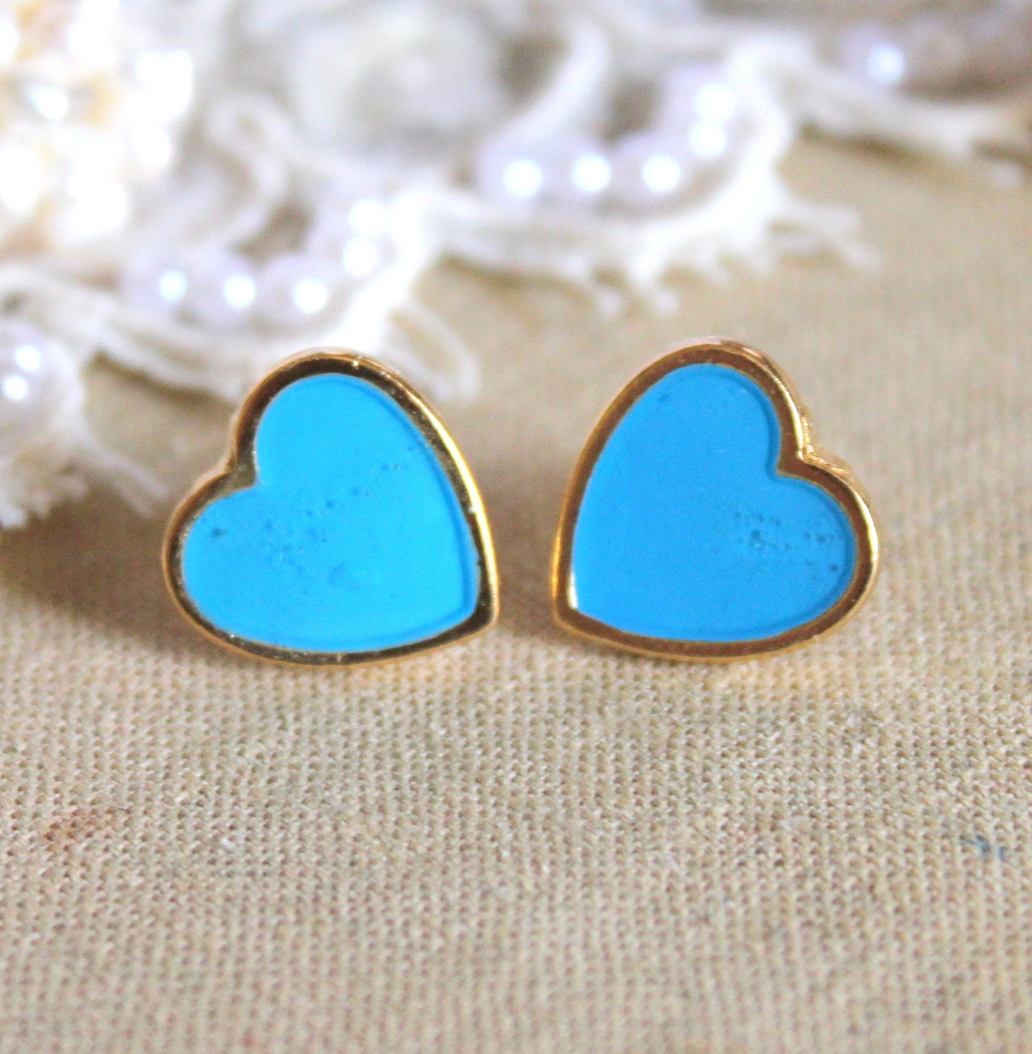 Blue sky Heart gold stud earring -petit elegant 14k gold coated post earrings
