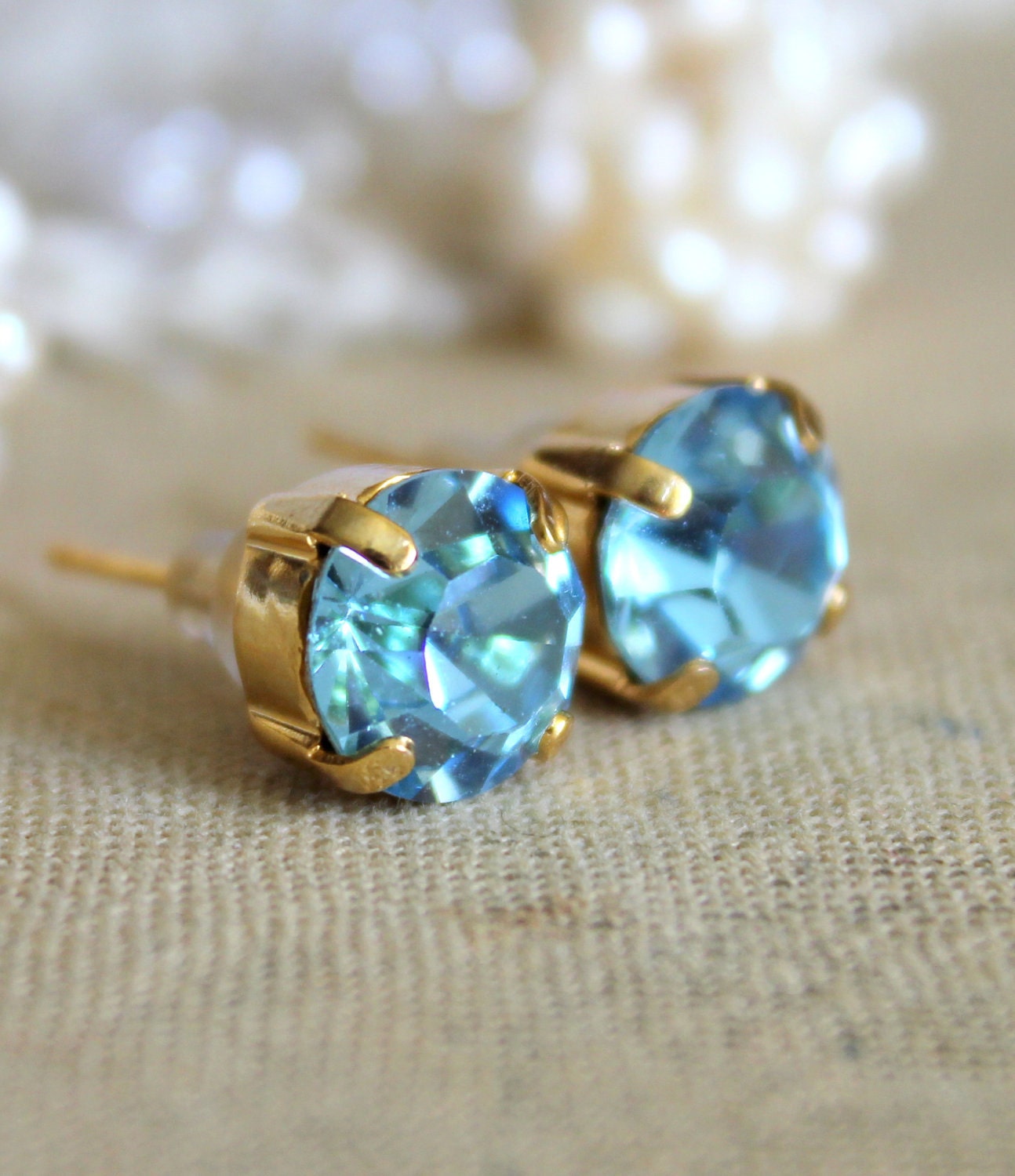 Blue and gold earrings - 14k gold plated earrings with real blue faceted swarovski rhinestone