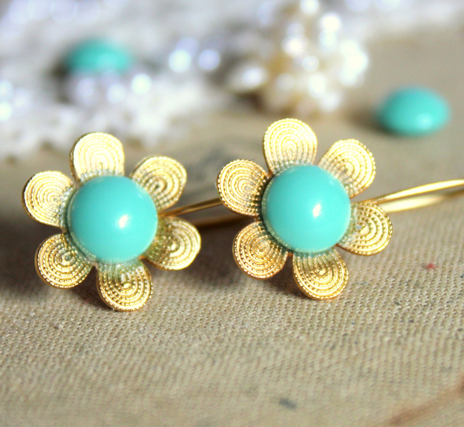 Tiffanys blue gold flower earrings - 14k gold plated earrings with real Turquoise swarovski pearls .