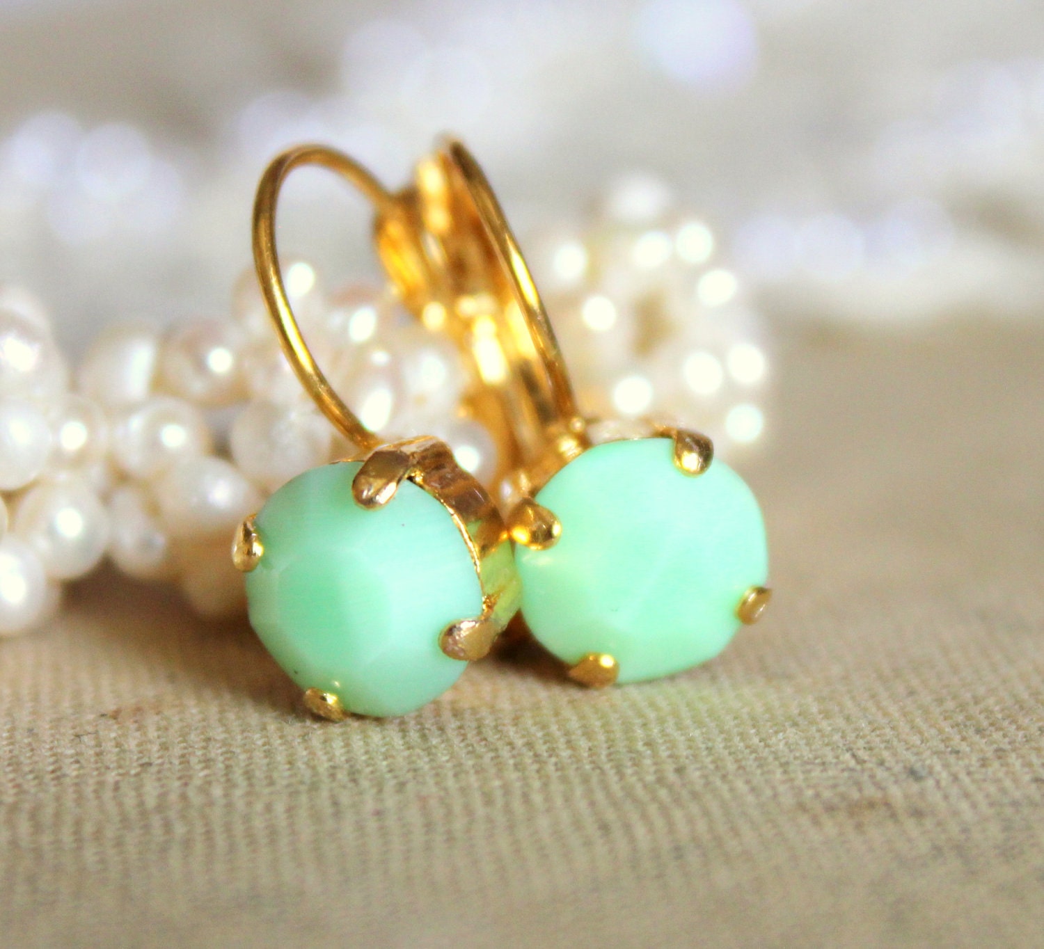 Mint and gold earrings - 14k gold plated earrings with real mint faceted  swarovski rhinestone