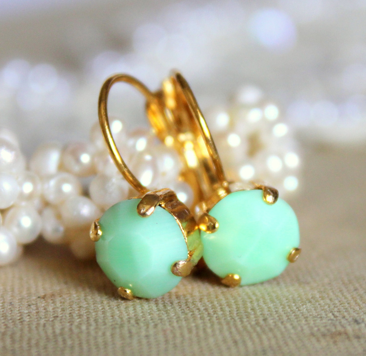 Mint and gold earrings - 14k gold plated earrings with real mint faceted  swarovski rhinestone