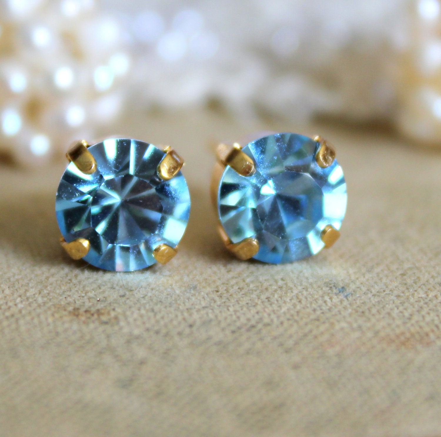 Blue and gold earrings - 14k gold plated earrings with real blue faceted swarovski rhinestone