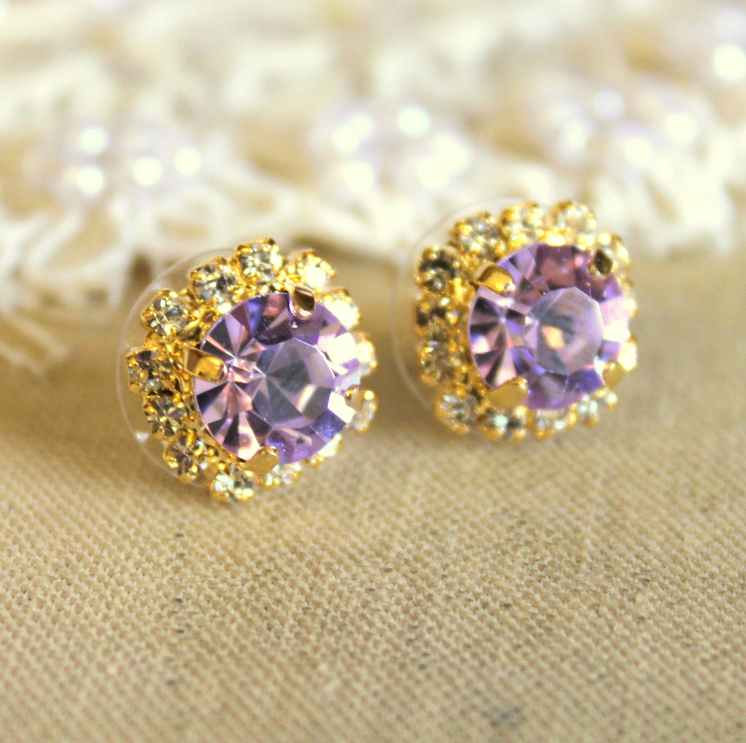 Crystal stud violet purple earring - 14k plated gold post earrings real swarovski rhinestones .