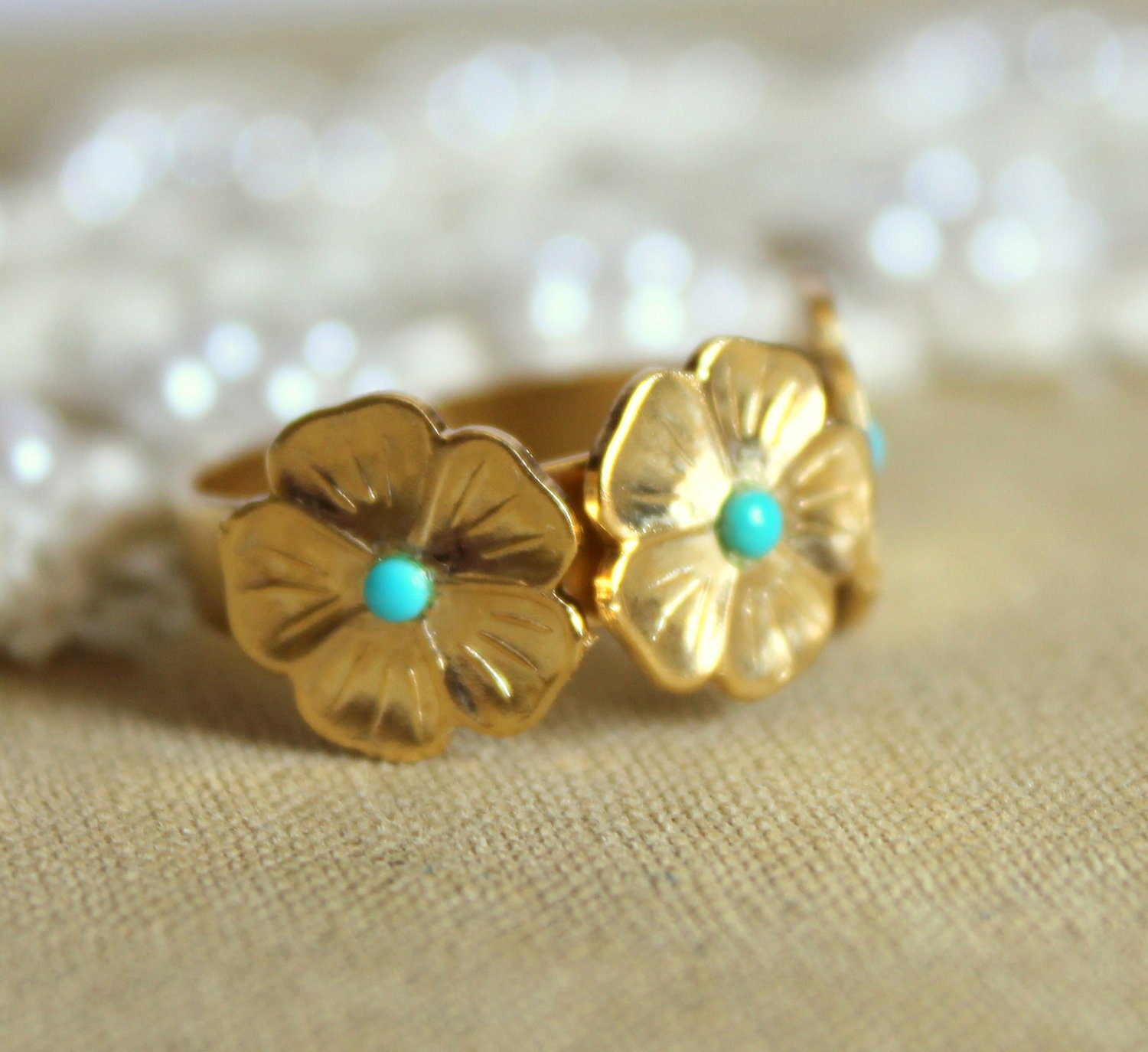 Turquoise flower ring - victorian shabby chuc style ring 18 k gold plated mate