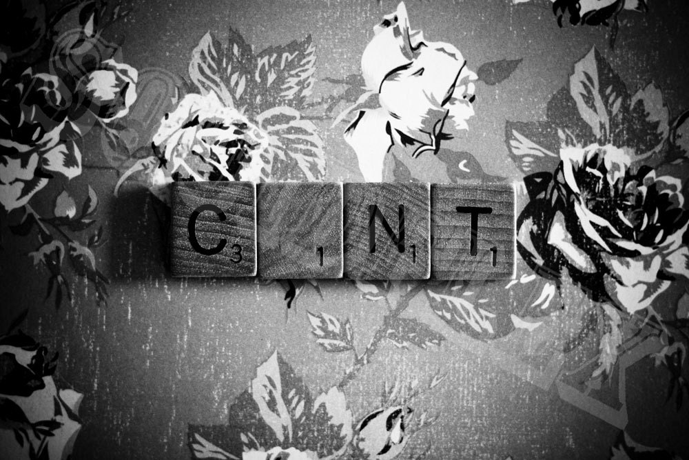 Irrevernent Scrabble Tile Photo Print: C NT, Black and White.