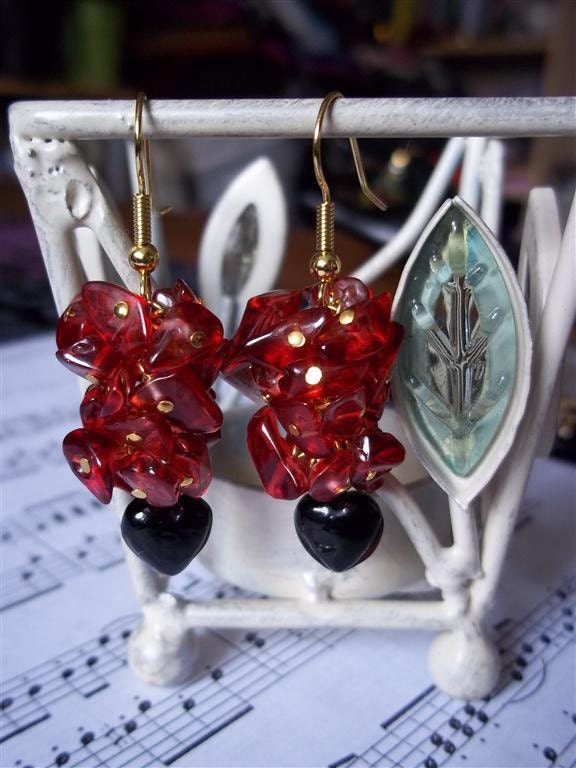 Red Chip Stone VALENTINE Earrings with Black Hearts,fish hook,earrings,Valentine, valentines,gemstone,valentine,black,red,ooak,handmade