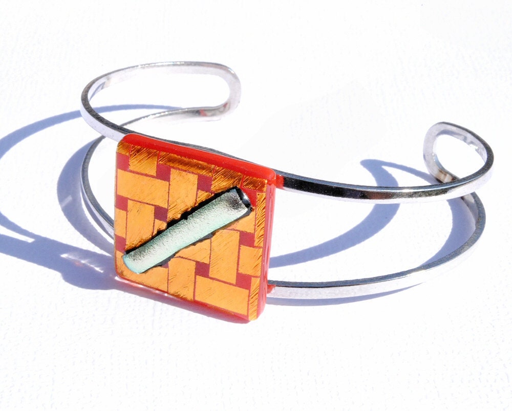 Orange Glass Bracelet, Dichroic Bracelet, Fused Glass Jewelry, Cuff Bangle Bracelet, Retro (Item 20058-B)
