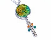 Dichroic Glass Pendant, Swarovski Beads, Egyptian, Fused Glass Jewelry Necklace, Boho, Green Gold Blue (Item 10431-P)