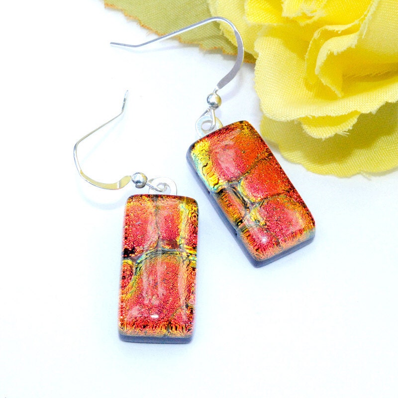 Sunset, Fire, Lava, Dichroic Earrings, Fused Glass Jewelry, Rectangle, Sterling Silver Hooks, Bright, Orange, Tangerine, Gold (Item 30301-E)