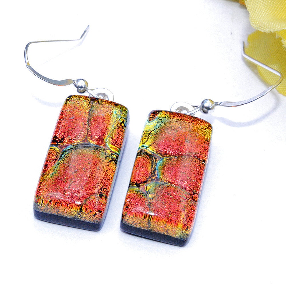 Sunset, Fire, Lava, Dichroic Earrings, Fused Glass Jewelry, Rectangle, Sterling Silver Hooks, Bright, Orange, Tangerine, Gold (Item 30301-E)