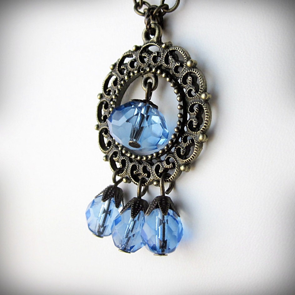 Victorian Necklace, in Sapphire Blue Crystal and Antiqued Brass, Filigree Wreath