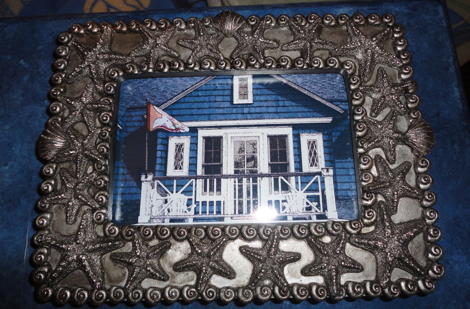 Framed Art Watercolor Beach House Slate Blue in Nautical Gunmetal Frame