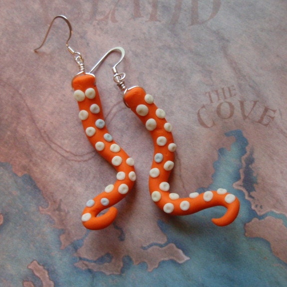 Orange and Glow In the Dark Polyclay Tentacle Earrings