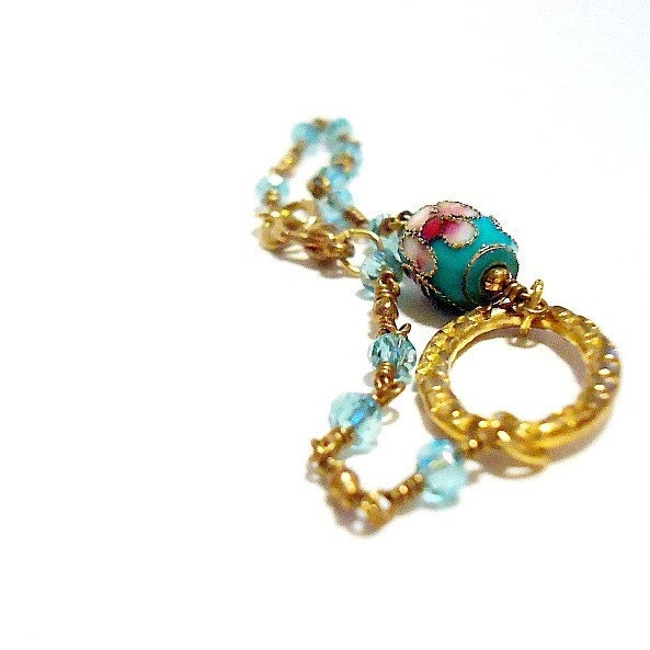 Teal Bracelet Cloisonne Bracelet Chinese Jewelry Crystal Jewellery Dainty Unique Handcrafted Yellow Gold Aqua Asian Oriental
