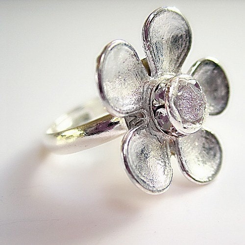 Flower Ring Silver Jewelry Crystal Jewellery Unique Handcrafted Adjustable Spring Fashion Everyday