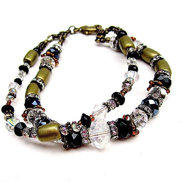 Black Bracelet Mixed Metal Jewelry Crystal Jewellery Brass Double Strand Unique Fashion Funky B-47