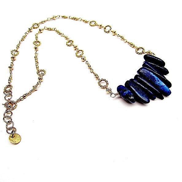 Lapis Necklace Gold Jewelry Navy Blue Jewellery Gemstone Chevron Fancy Chain Point Arrow Stick Beads Unique Fashion
