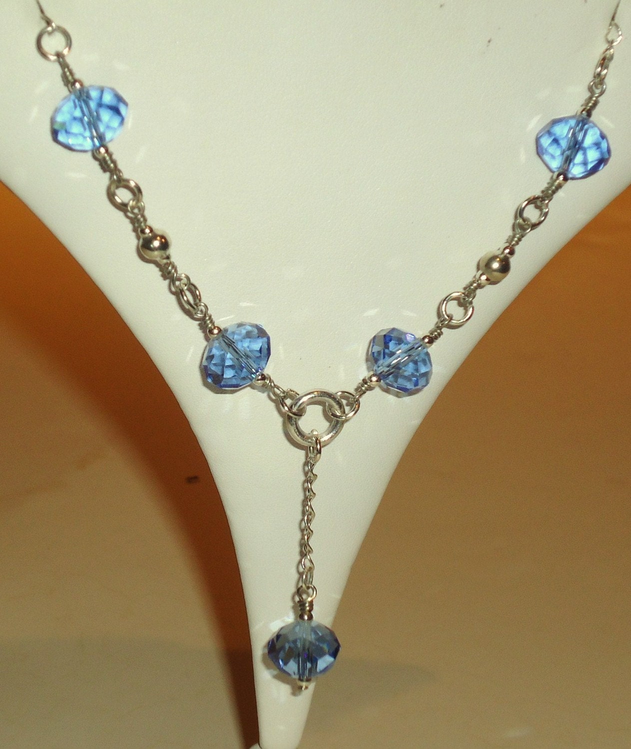 Blue Crystal Necklace Silver Jewelry Lariat Jewellery Chain Pendant Gift Ideas for Her Sky Blue Wedding Bride Bridesmaid