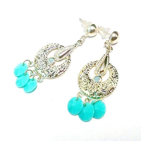Turquoise Earrings Silver Jewelry Chandelier Earrings Dangle Pierced Gift under 10 Everyday Summer Fashion Aqua Teal