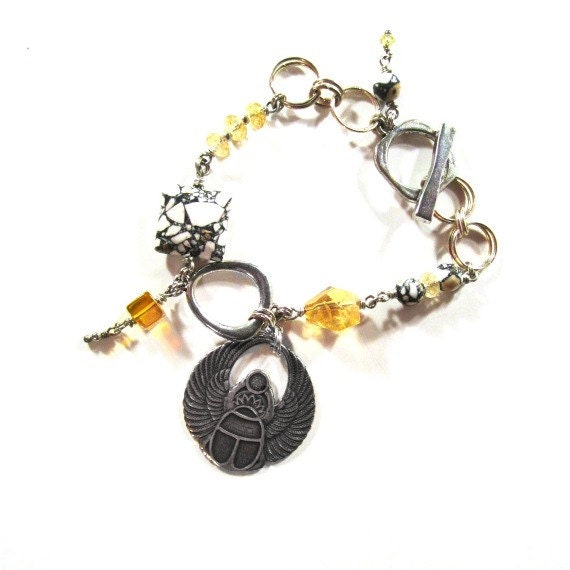 Citrine Bracelet Egyptian Jewelry Scarab Charm Mosaic Jasper Jewellery Yellow Natural Gemstone Yellow and Black Asymmetric B-57
