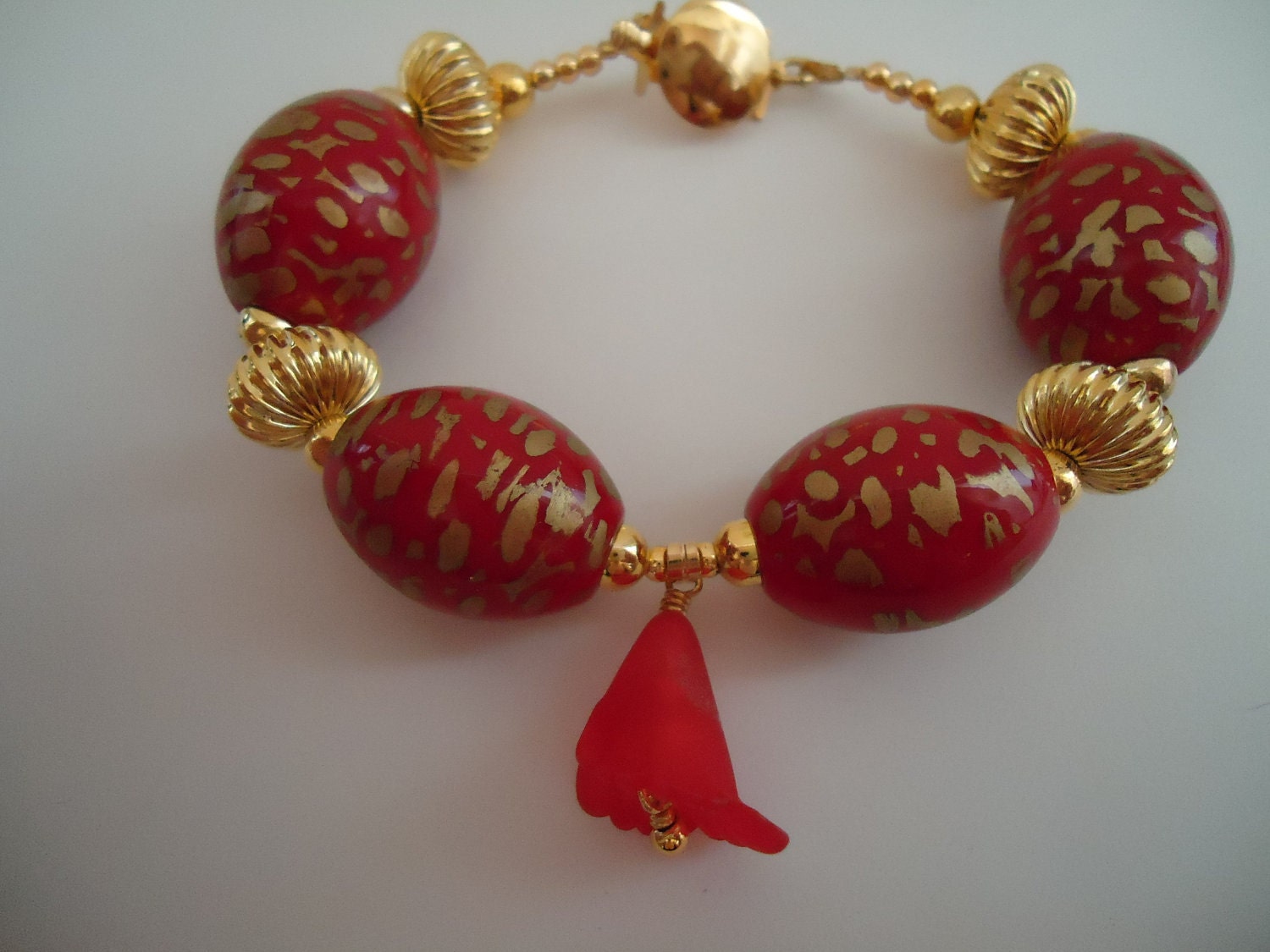 Red Bracelet Red Jewelry Vintage Bead Jewellery Flower Charm