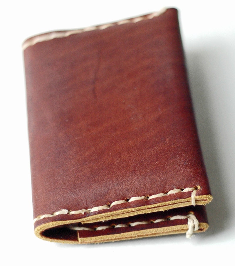 Red-Brown leather bi-fold Minimal credit card wallet