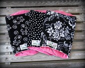 Pink and Black Baby Girl Burp Cloths/ Black and White Damask and Polka Dot/ Pink Minky/ Baby Girl Shower Gift