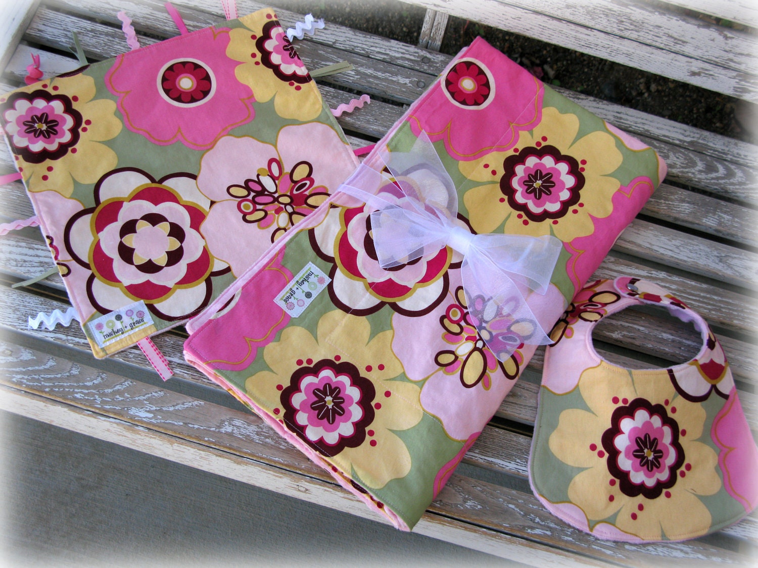 Baby Girl Gift Set in Pink Minky and Alexander Henry Kleo/ Minky Blanket, Tag Blankie, Bib. Newborn Gift
