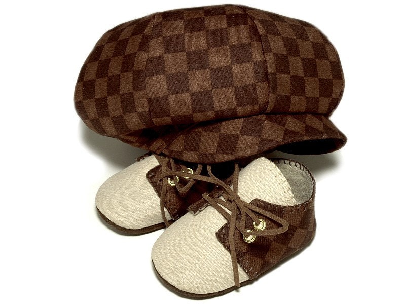 Lucas Baby Boy Hat and Shoes, Sporty Golf Set. Brown Checked, Linen, Trendy, Infant, Handmade