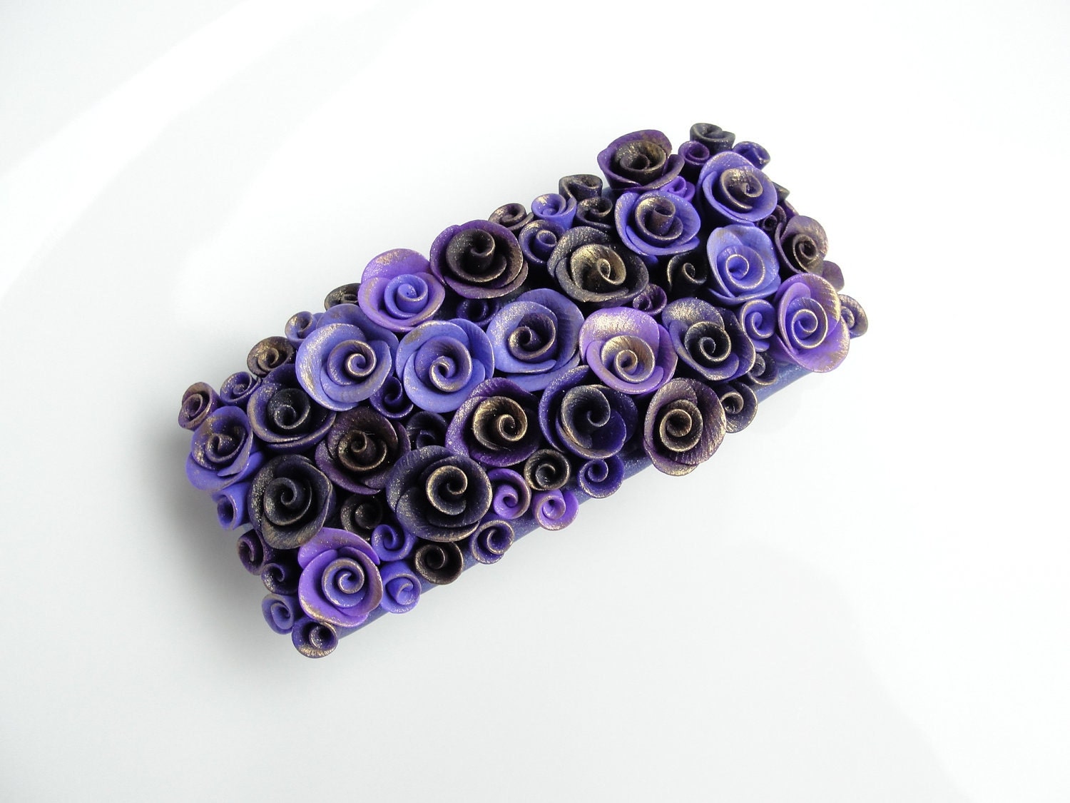 Vintage rose barrette hair clip handmade from polymer clay in deep purple shades