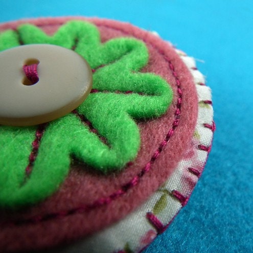 Pink and lime Liberty cotton felt and fabric flower brooch/pin