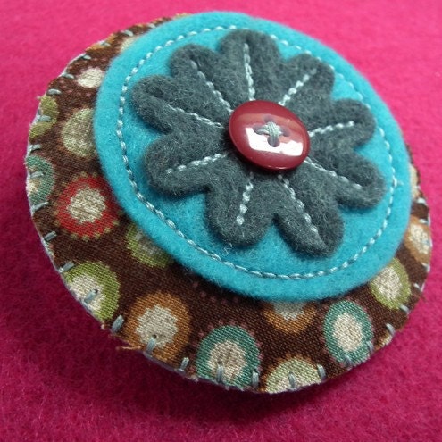 Blues and browns felt and fabric flower brooch/pin