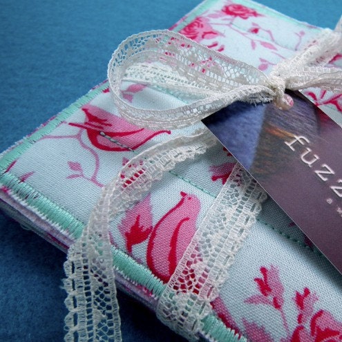 Frenchie pink and blue bird quilted coasters - set of 3