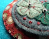 Red and green flowers felt and fabric embroidered brooch