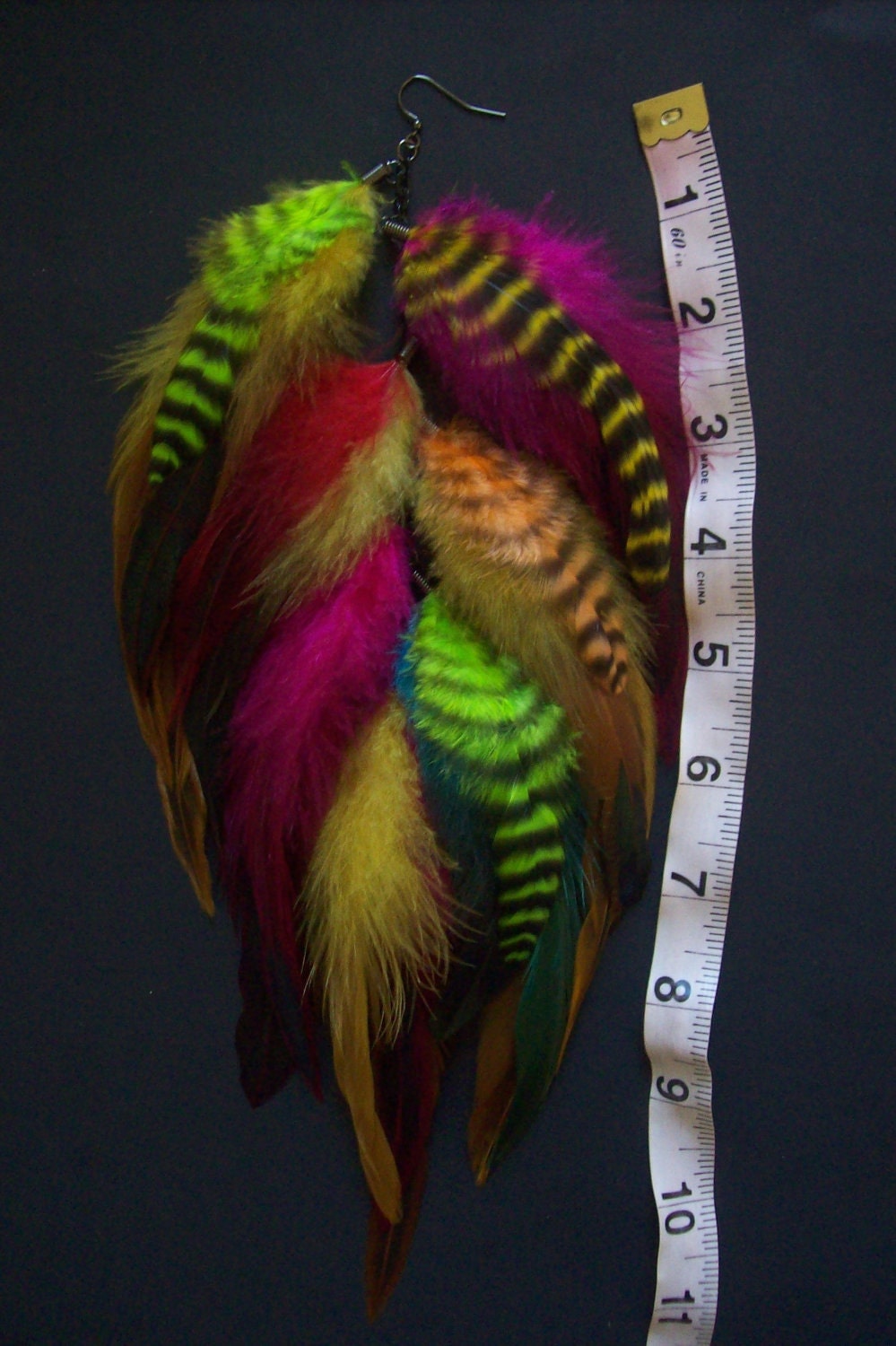 Fuschia Yellow Turquoise Orange Lime Green Grizzly Single Feather Earring