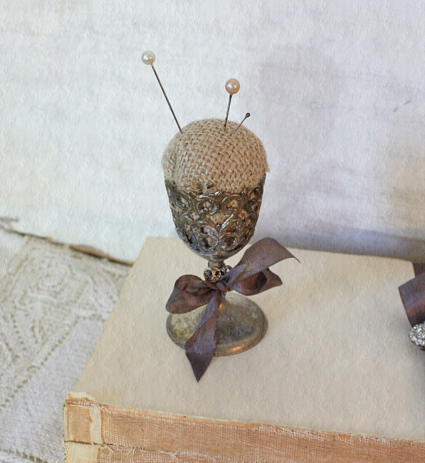 Burlap Pin Cushion in Ornate Vintage Silver Plate Cup