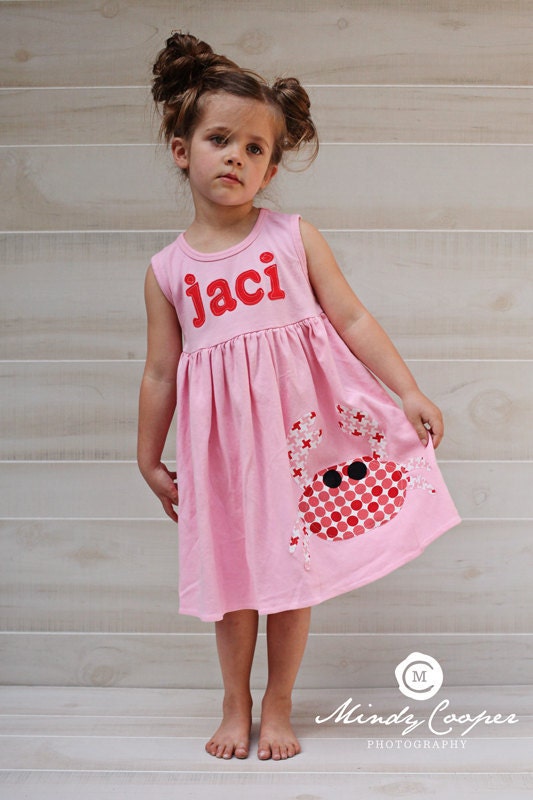 Toddler Summer Dress - Crab Applique Dress- Personalized Dress- You Choose Dress Color and Sleeve Length