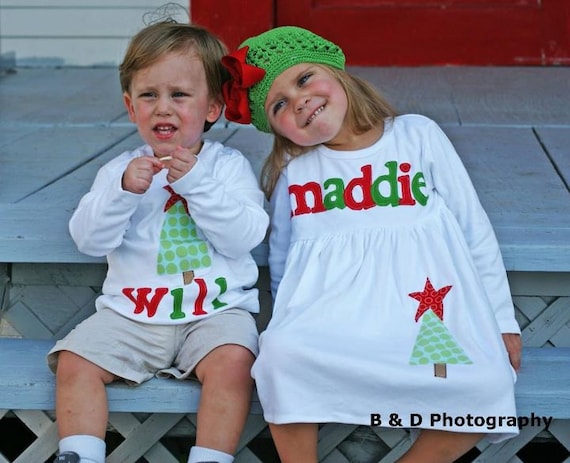 Christmas Dress Shirt Set - Brother Sister Sibling Set -  Christmas Applique Outfits